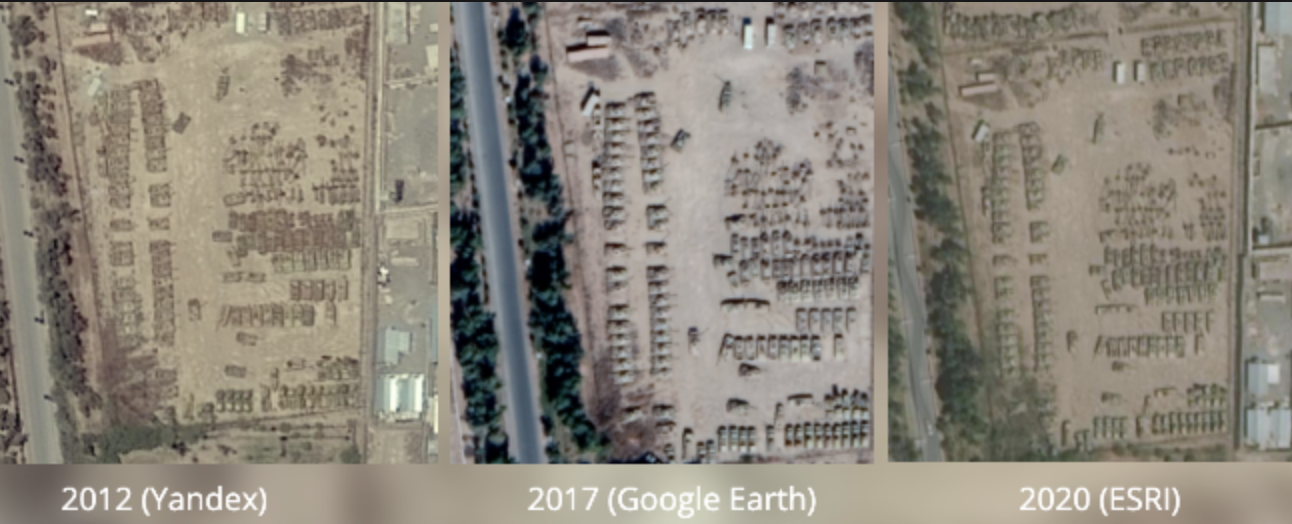 3 captures d'écran issues des images satellites exploitées par Yandex, Google Earth et ESRI