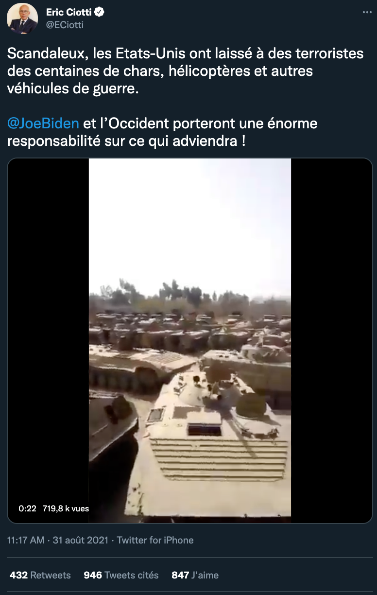 Capture d'écran du tweet d'Éric Ciotti posté le 31 août.