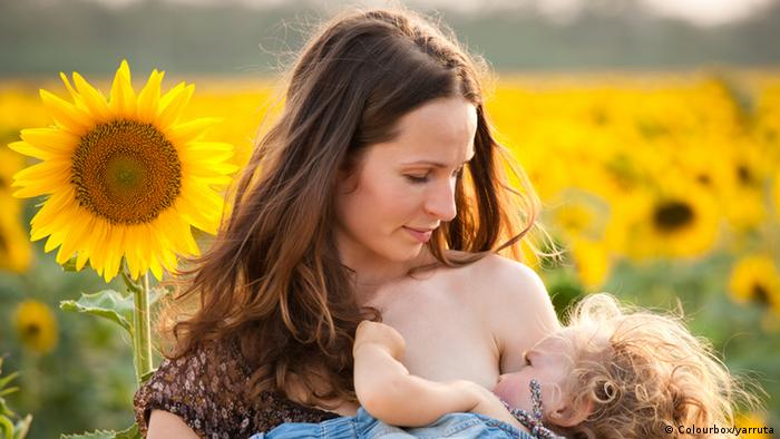 Eine Frau stillt ihr Baby in einem Sonnenblumenfeld (Foto: Colourbox/yarruta)
