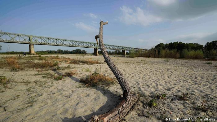 A view of the Po riverbed under Ponte della Becca (Becca bridge) shows the effects of the drought, in Linarolo, near Pavia, Italy