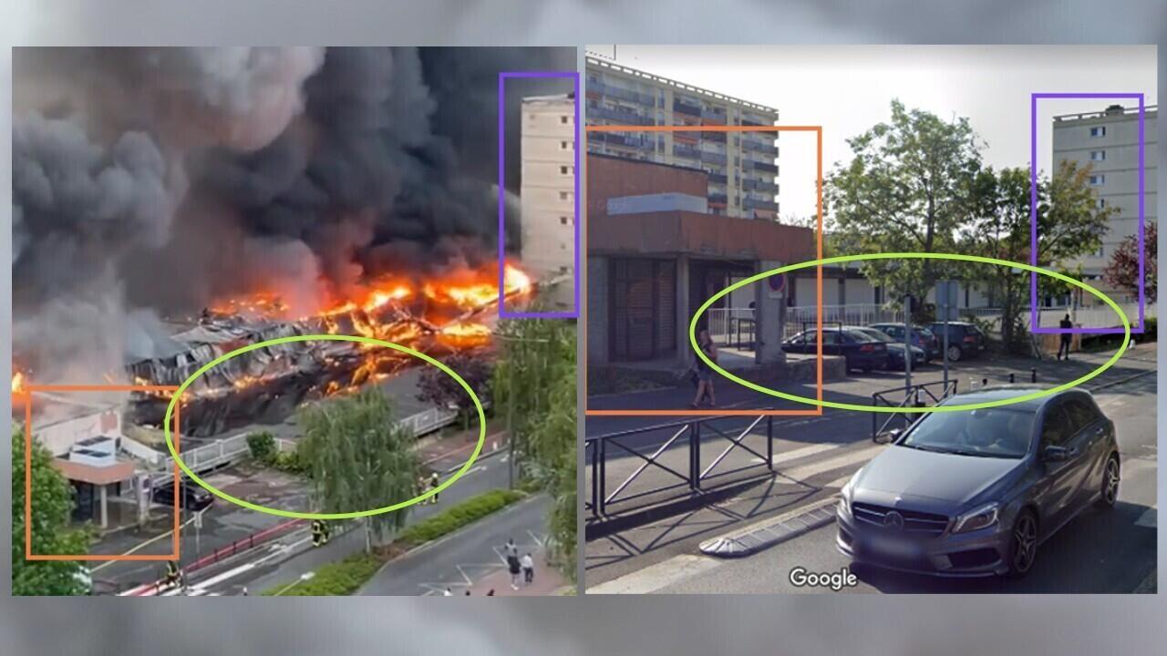 على اليسار، مقطع فيديو يظهر الحريق في المركز التجاري، على اليمين، مشهد من تطبيق غوغل مابس ونتعرف على البناية الصغيرة باللون الوردي وعمودي الخرسانة ومربض السيارات المحاط بسياج أبيض والبناية الرمادية ذات الشبابيك