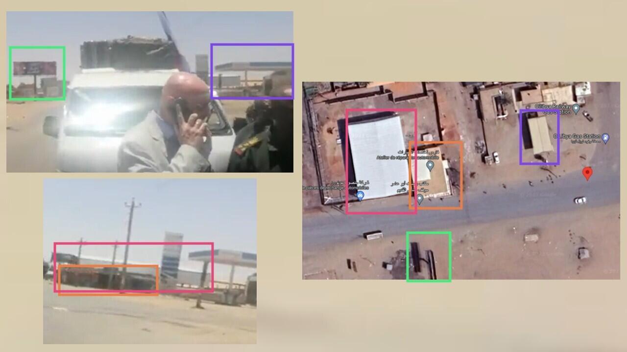 على اليسار، في الأعلى وفي الأسفل، صور من مقطع الفيديو المتداول على نطاق واسع. على اليمين، مشهد جوي من تطبيق غوغل مابس. ونعرف على محطة الوقود (المحاطة باللون البنفسجي) واللافتة الإشهارية (المحاطة باللون الأخضر) والبناية الرمادية الصغيرة (المحاطة باللون البرتقالي) والبناية الكبيرة البيضاء (المحاطة باللون الوردي) وراء محطة الوقود.