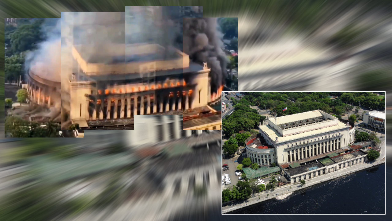 على اليسار، صورة مثبتة من الشاشة تظهر كامل المبنى اقتطعها فريق تحرير مراقبون فرانس24 من الفيديو الذي يظهر المبنى بصدد الاحتراق. على اليمين/، صورة لمبنى البريد المركزي في العاصمة الفلبينية مانيلا. ومن الواضح أن الأمر يتعلق بنفس البناية.