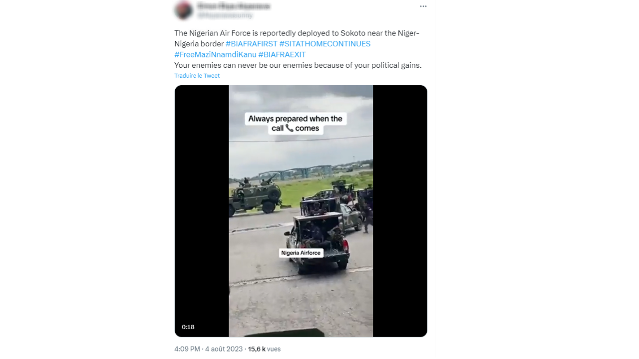 منشور على تويتر في 4 آب/ أغسطس 2023 يدعي أنه يظهر قوات من جيش نيجيريا تم إرسالها إلى النيجر.