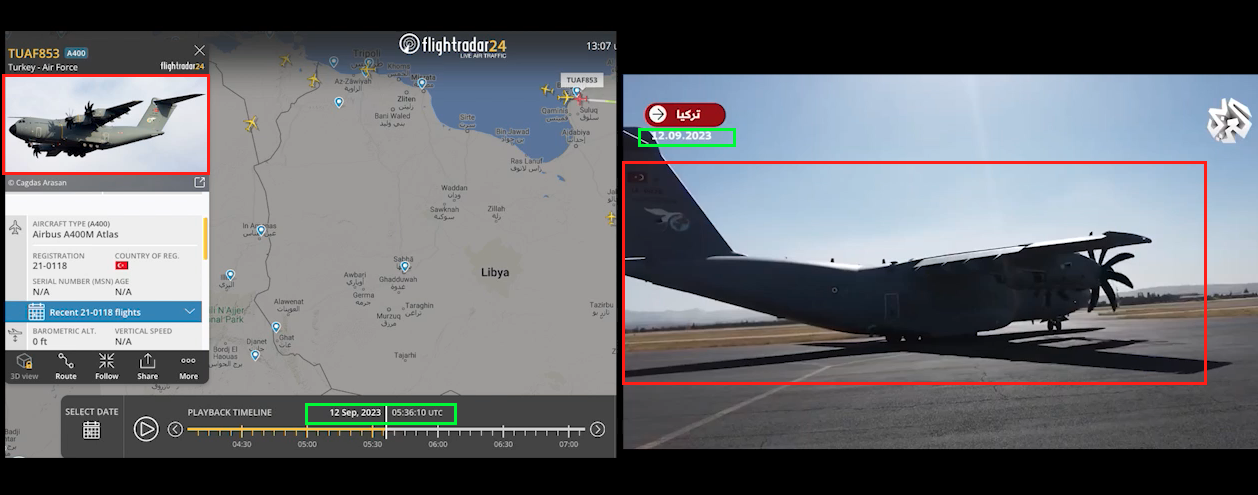 على اليمين، صورة ملتقطة من تقرير بثه موقع "التلفزيون العربي" يظهر طائرة عسكرية تركية كانت تحمل مساعدات إنسانية إلى ليبيا الإثنين من أيلول / سبتمبر 2023. على اليسار، صورة ملتقطة من موقع Flights Radar يثبت وصول الطائرة بالفعل إلى ليبيا.