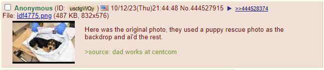 صورة جرو تم تداولها عبر قناة فور شان 4chan، وزعم أنها الصورة الأصلية لجثة الرضيع المتفحم التي نشرتها دولة إسرائيل.