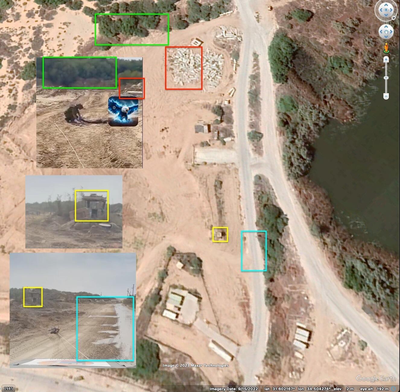 الإحداثيات الجغرافية للموقع الدقيق لالتقاط التسجيلين المصورين لجر جثة المقاتل الفلسطيني. وقد تمت مقارنة هذه الصور من مقطعي الفيديو مع صور الأقمار الاصطناعية المتاحة في تطبيق غوغل إيرث.