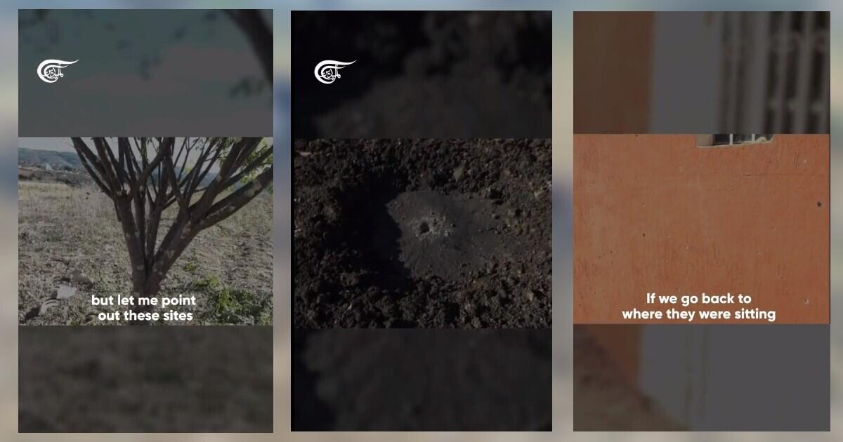 صور ملتقطة من الشاشة من بث مباشر لصحافي من من قناة الميادين في الساعات التي تلت مقتل الصحافيين في الهجوم. في الوسط، نرى الحفرة التي خلفها الصاروخ على بعد بضعة أمتار من مكان العثور على جثتي الصحافيين.