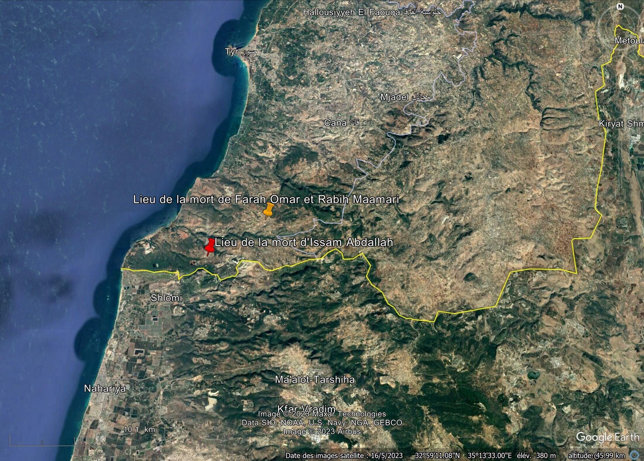 مكان الهجومين الذين قتل فيهما الصحافي عصام عبد الله (النفطة الحمراء) والصحافيان فرح عمر ورابح معمري (النقطة البرتقالية). صورة مراقبون فرانس24.